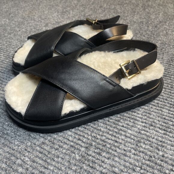 Alohas Women Size 38 (US 7.5) Sandals Sherpa Marshmallow Strap Black Leather NEW - Picture 5 of 10